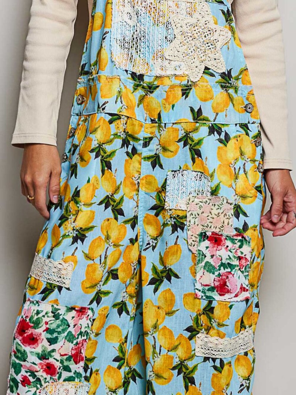 POL Sky Blue & Lemons Woven Patchwork Overall - Picture 3 of 7